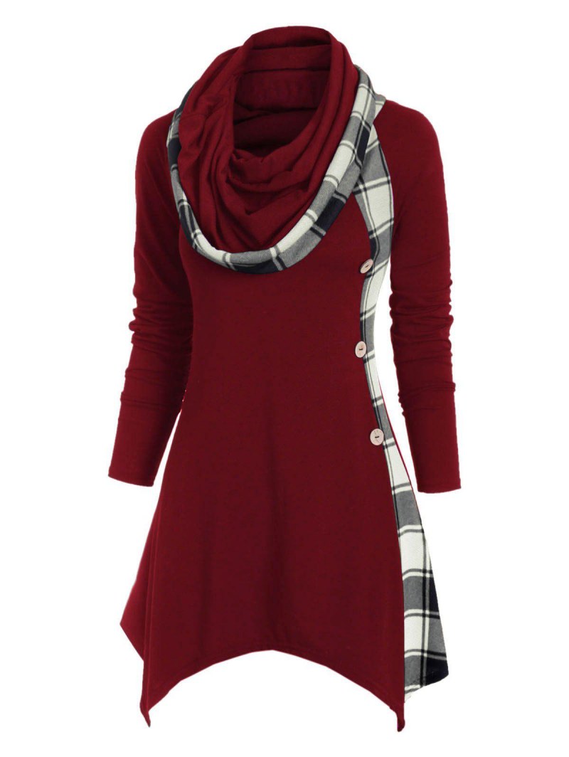 Plaid Convertible Neck Button Embellished Asymmetrical T-shirt