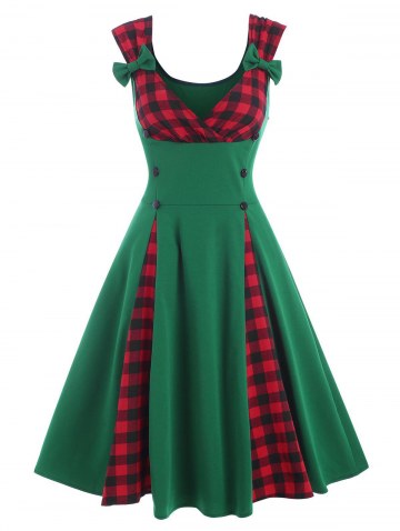 Plaid Insert Mock Button Bowknot Surplice Dress
