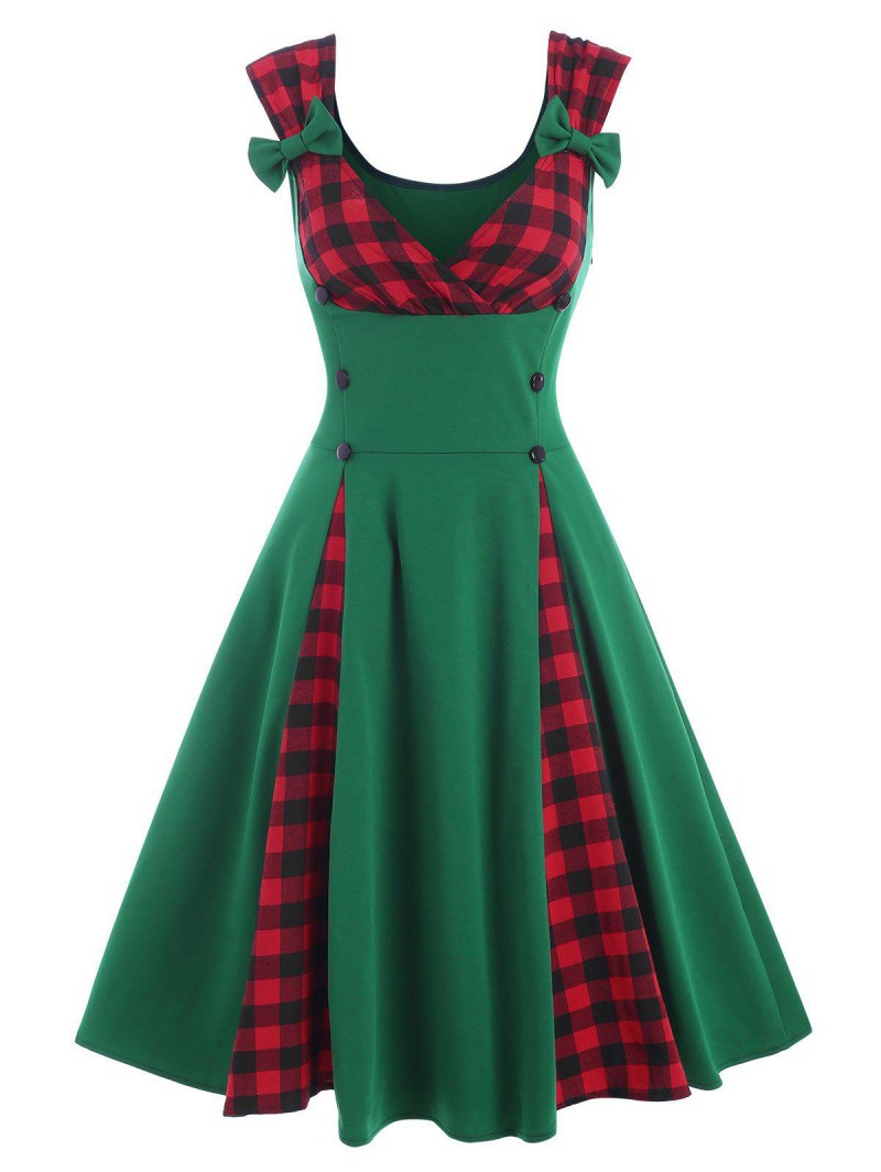 Plaid Insert Mock Button Bowknot Surplice Dress