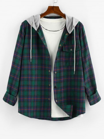 Plaid Pattern Pocket Colorblock Hooded Shirt