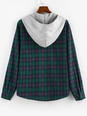 Plaid Pattern Pocket Colorblock Hooded Shirt