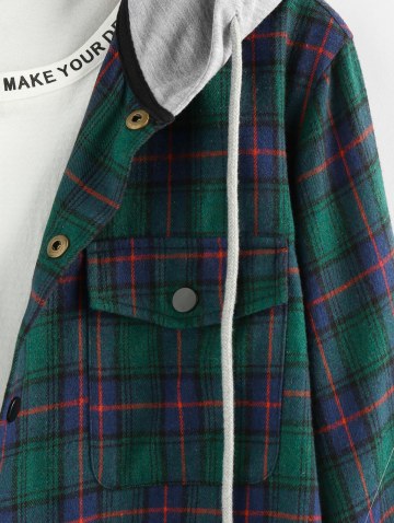 Plaid Pattern Pocket Colorblock Hooded Shirt