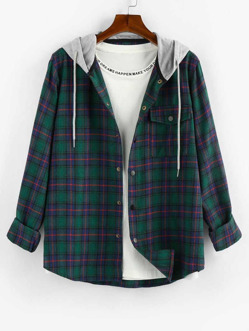 Plaid Pattern Pocket Colorblock Hooded Shirt