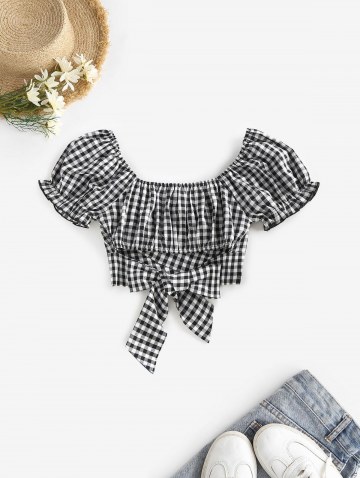 Plaid Ruched Puff Sleeve Bowknot Blouse