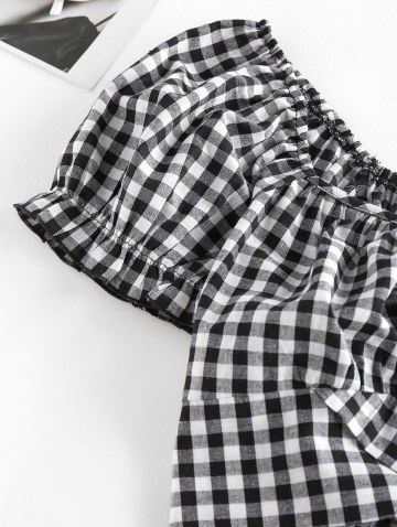 Plaid Ruched Puff Sleeve Bowknot Blouse