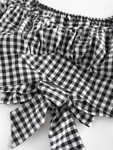 Plaid Ruched Puff Sleeve Bowknot Blouse