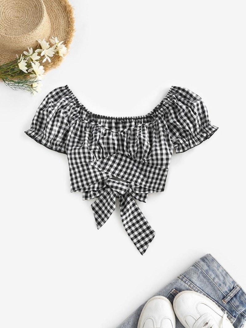 Plaid Ruched Puff Sleeve Bowknot Blouse
