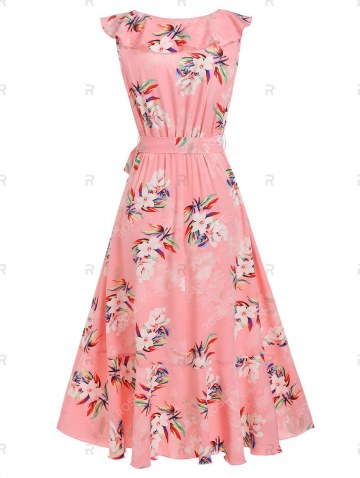 Plunge Ruffled Floral Print Midi Dress