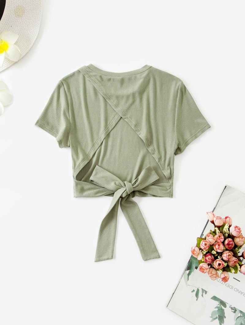 Rib-knit Cutout Back Tie Baby Tee