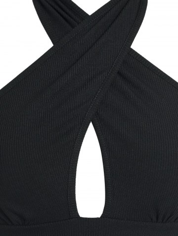 Ribbed Criss Cross Keyhole Cutout Top