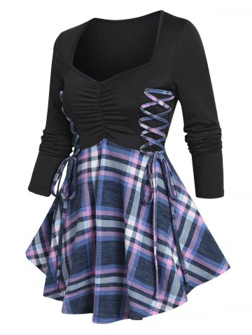 Ruched Bust Plaid Lace Up T Shirt