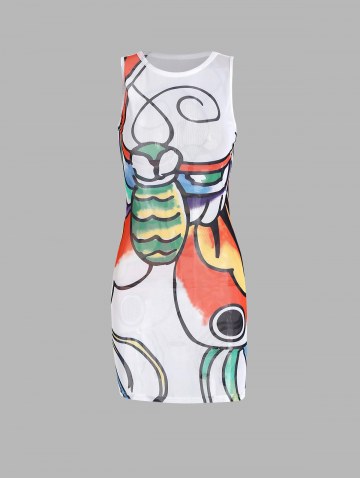 See Through Mesh Abstract Print Mini Bodycon Dress