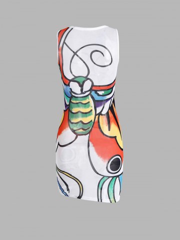 See Through Mesh Abstract Print Mini Bodycon Dress