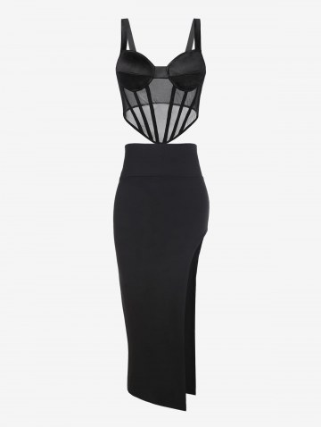 Sheer Mesh Bustier Tank Top With High Slit Maxi Skirt Two Piece Dress Set
