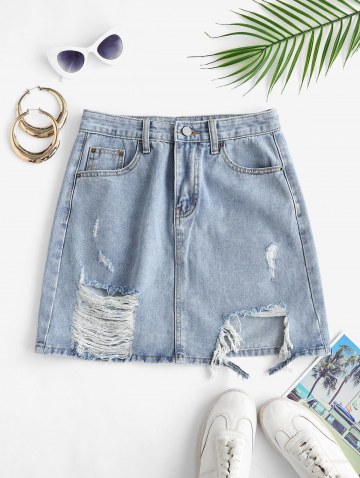Shredded Distressed Frayed Denim Mini Skirt
