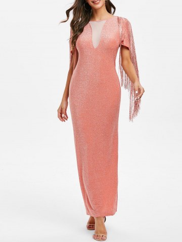 Sparkly Fringed Mesh Panel Maxi Party Dress