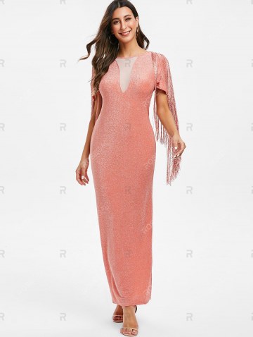 Sparkly Fringed Mesh Panel Maxi Party Dress