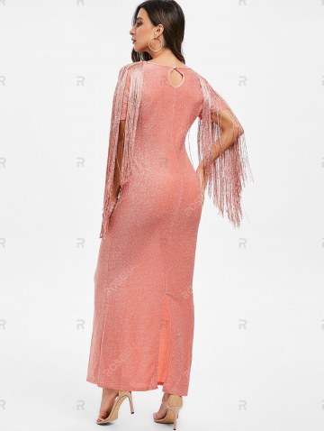 Sparkly Fringed Mesh Panel Maxi Party Dress