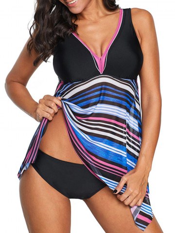 Striped Mesh Plunging Handkerchief Tankini Swimwear