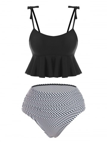 Striped Tie Shoulder Peplum Tummy Control Tankini Swimwear