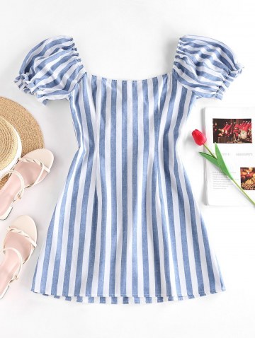 Striped Tied Ruffle Puff Sleeve Dress