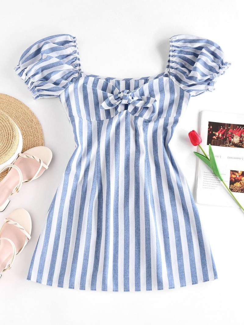 Striped Tied Ruffle Puff Sleeve Dress