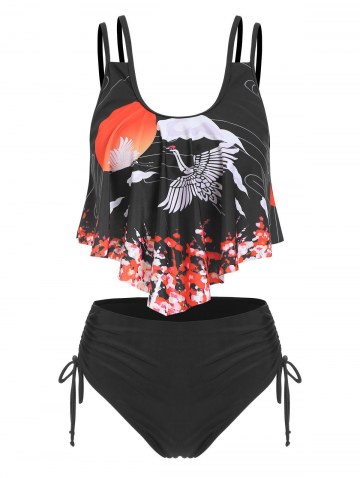 Sun Crane Print Cinched Padded Tankini Set