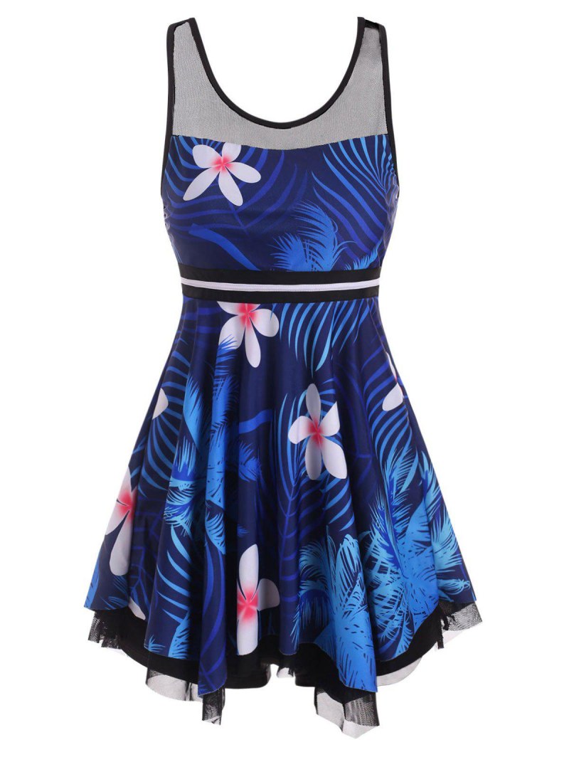 Tropical Print Mesh Insert Handkerchief Tankini Swimwear