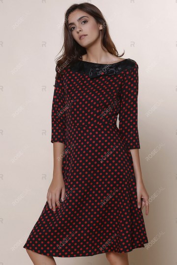 Vintage Slash Neck Polka Dot Print Bowknot Design 3/4 Sleeve Dress For Women