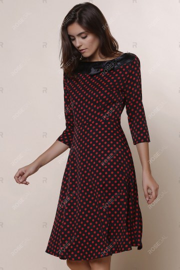 Vintage Slash Neck Polka Dot Print Bowknot Design 3/4 Sleeve Dress For Women