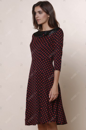 Vintage Slash Neck Polka Dot Print Bowknot Design 3/4 Sleeve Dress For Women