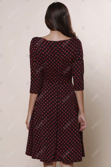 Vintage Slash Neck Polka Dot Print Bowknot Design 3/4 Sleeve Dress For Women
