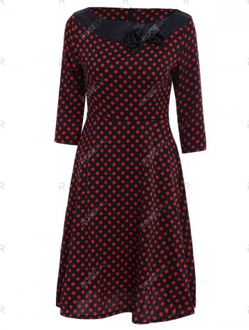 Vintage Slash Neck Polka Dot Print Bowknot Design 3/4 Sleeve Dress For Women