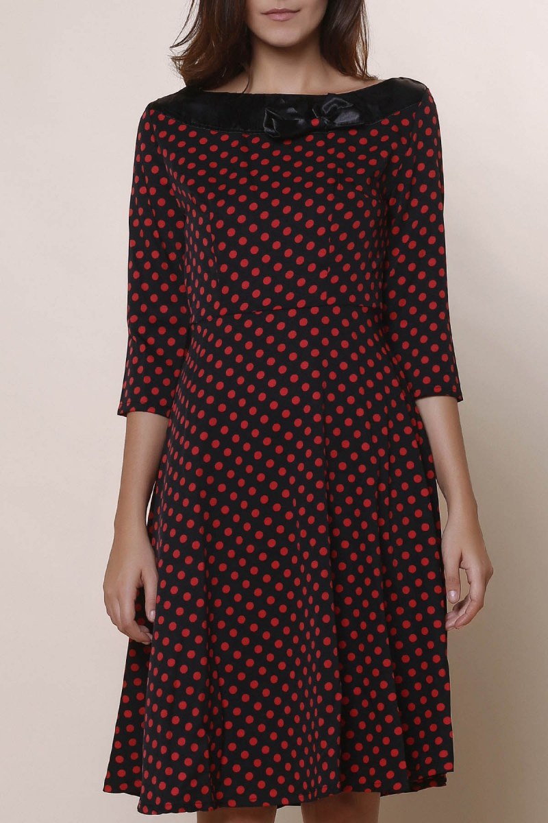 Vintage Slash Neck Polka Dot Print Bowknot Design 3/4 Sleeve Dress For Women