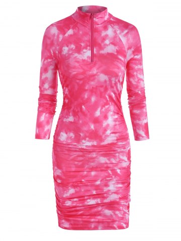 Zip Front Tie Dye Gathered Mini Dress