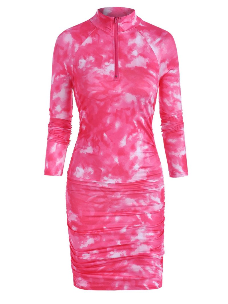 Zip Front Tie Dye Gathered Mini Dress